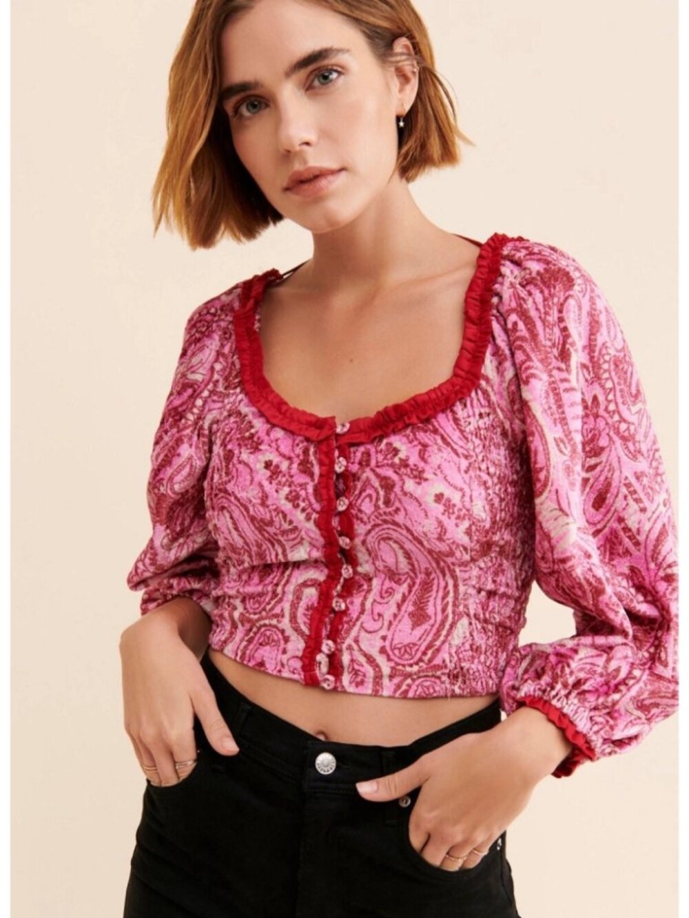 Free People Dare Me Velvet Smocked Blouse Top Retro Combo Cropped Boho Size XS